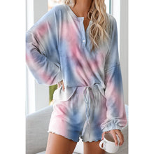 Load image into Gallery viewer, Summer 2021 New Women&#39;s Fashion Casual Print O Neck Buttons Long Sleeve Tie Dye Tops Elastic Waist Lace Up Short Pants Lady Slim