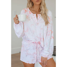 Load image into Gallery viewer, Summer 2021 New Women&#39;s Fashion Casual Print O Neck Buttons Long Sleeve Tie Dye Tops Elastic Waist Lace Up Short Pants Lady Slim