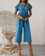 Load image into Gallery viewer, Summer 2021 New Women&#39;s Fashion Sexy Solid O Neck Short Sleeve Buttons Tunic Straight Calf Lenght Pants Ladies Skinny Jumpsuits