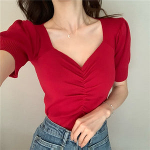 Summer 2022 New All Match Slim Female Tee Sexy V-neck Woman Knitted T-shirts Fashion Puff Short Sleeve Solid Knit Tops Woman