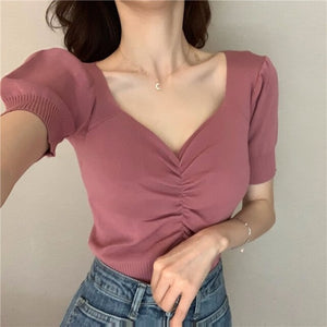 Summer 2022 New All Match Slim Female Tee Sexy V-neck Woman Knitted T-shirts Fashion Puff Short Sleeve Solid Knit Tops Woman