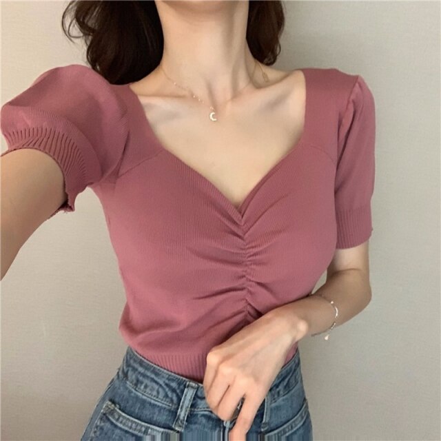 Summer 2022 New All Match Slim Female Tee Sexy V-neck Woman Knitted T-shirts Fashion Puff Short Sleeve Solid Knit Tops Woman
