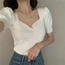 Load image into Gallery viewer, Summer 2022 New All Match Slim Female Tee Sexy V-neck Woman Knitted T-shirts Fashion Puff Short Sleeve Solid Knit Tops Woman