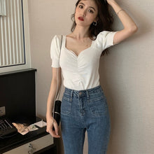 Load image into Gallery viewer, Summer 2022 New All Match Slim Female Tee Sexy V-neck Woman Knitted T-shirts Fashion Puff Short Sleeve Solid Knit Tops Woman