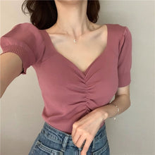 Load image into Gallery viewer, Summer 2022 New All Match Slim Female Tee Sexy V-neck Woman Knitted T-shirts Fashion Puff Short Sleeve Solid Knit Tops Woman