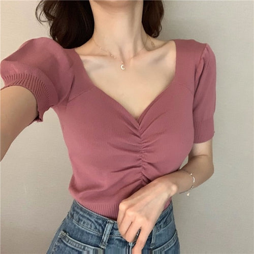 Summer 2022 New All Match Slim Female Tee Sexy V-neck Woman Knitted T-shirts Fashion Puff Short Sleeve Solid Knit Tops Woman