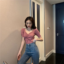 Load image into Gallery viewer, Summer 2022 New All Match Slim Female Tee Sexy V-neck Woman Knitted T-shirts Fashion Puff Short Sleeve Solid Knit Tops Woman