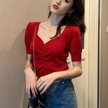 Load image into Gallery viewer, Summer 2022 New All Match Slim Female Tee Sexy V-neck Woman Knitted T-shirts Fashion Puff Short Sleeve Solid Knit Tops Woman