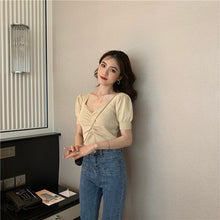 Load image into Gallery viewer, Summer 2022 New All Match Slim Female Tee Sexy V-neck Woman Knitted T-shirts Fashion Puff Short Sleeve Solid Knit Tops Woman