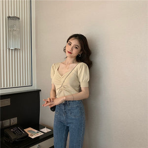 Summer 2022 New All Match Slim Female Tee Sexy V-neck Woman Knitted T-shirts Fashion Puff Short Sleeve Solid Knit Tops Woman