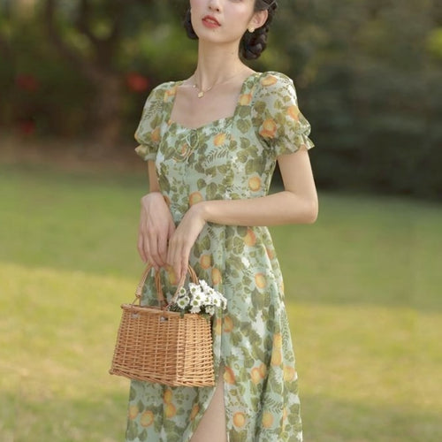 Summer Beach Boho Elegant Floral Dress Women Backless Korean Casual Sexy Midi Dresses Print France Vintage Split Sundress 2021
