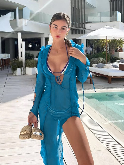 Summer Beach Dress Women Elegant Bandage Ruffles Slim Maxi Dress 2022 New Sexy Blue Long Sleeve Evening Party Dress Club Outfits
