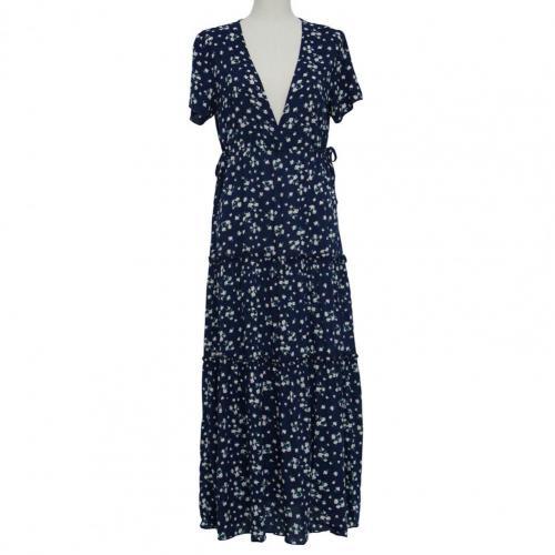 Summer Beach Holiday Women Dress Casual Floral Print Elegant Boho Robe Ruffle Short-Sleeve V-neck Sexy Party Long Dress
