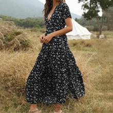Load image into Gallery viewer, Summer Beach Holiday Women Dress Casual Floral Print Elegant Boho Robe Ruffle Short-Sleeve V-neck Sexy Party Long Dress