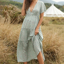 Load image into Gallery viewer, Summer Beach Holiday Women Dress Casual Floral Print Elegant Boho Robe Ruffle Short-Sleeve V-neck Sexy Party Long Dress