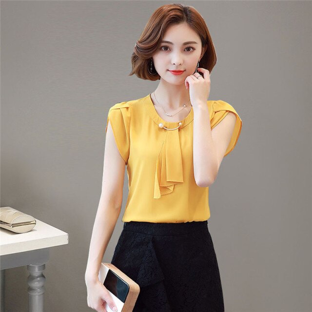Summer Blouse Women Chiffon Shirt Office Work Slim Tops Short Sleeve Shirts Korean Bow Neck Ruffle Yellow Red Blouses Blusas