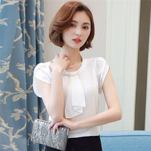 Load image into Gallery viewer, Summer Blouse Women Chiffon Shirt Office Work Slim Tops Short Sleeve Shirts Korean Bow Neck Ruffle Yellow Red Blouses Blusas