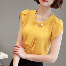 Load image into Gallery viewer, Summer Blouse Women Chiffon Shirt Office Work Slim Tops Short Sleeve Shirts Korean Bow Neck Ruffle Yellow Red Blouses Blusas