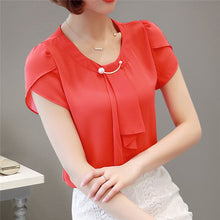 Load image into Gallery viewer, Summer Blouse Women Chiffon Shirt Office Work Slim Tops Short Sleeve Shirts Korean Bow Neck Ruffle Yellow Red Blouses Blusas