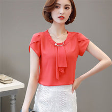 Load image into Gallery viewer, Summer Blouse Women Chiffon Shirt Office Work Slim Tops Short Sleeve Shirts Korean Bow Neck Ruffle Yellow Red Blouses Blusas