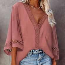 Load image into Gallery viewer, Summer Blouse for Women Tops V Neck Hollow Out Deep  Lady Shirt 2021 New Three Quarters Sleeve Blouses Female Clothing Office