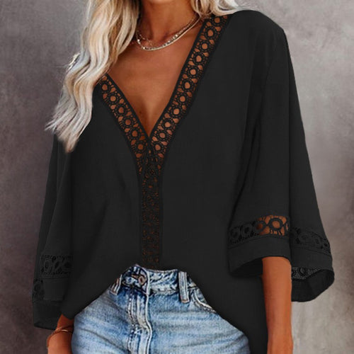 Summer Blouse for Women Tops V Neck Hollow Out Deep  Lady Shirt 2021 New Three Quarters Sleeve Blouses Female Clothing Office