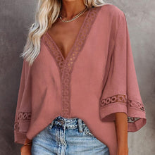 Load image into Gallery viewer, Summer Blouse for Women Tops V Neck Hollow Out Deep  Lady Shirt 2021 New Three Quarters Sleeve Blouses Female Clothing Office
