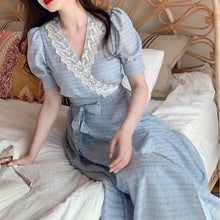 Load image into Gallery viewer, Summer Blue Vintage Sweet Dress Women Lace V-Neck High Waist Stripe Elegant Midi Dress Female Slim Beach Cusual Party Dress 2021