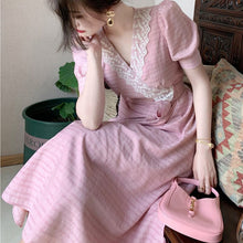 Load image into Gallery viewer, Summer Blue Vintage Sweet Dress Women Lace V-Neck High Waist Stripe Elegant Midi Dress Female Slim Beach Cusual Party Dress 2021