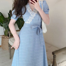 Load image into Gallery viewer, Summer Blue Vintage Sweet Dress Women Lace V-Neck High Waist Stripe Elegant Midi Dress Female Slim Beach Cusual Party Dress 2021