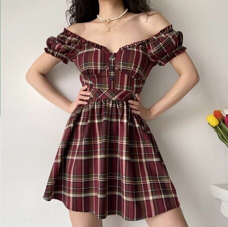 Summer Boho Red Retro V-neck Puff Sleeve Plaid Print Dress Women Pleated A-line Elegant Sexy Beach Party Brown Girl Dresses 2021