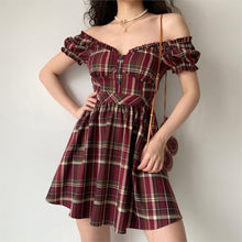 Load image into Gallery viewer, Summer Boho Red Retro V-neck Puff Sleeve Plaid Print Dress Women Pleated A-line Elegant Sexy Beach Party Brown Girl Dresses 2021