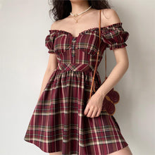 Load image into Gallery viewer, Summer Boho Red Retro V-neck Puff Sleeve Plaid Print Dress Women Pleated A-line Elegant Sexy Beach Party Brown Girl Dresses 2021