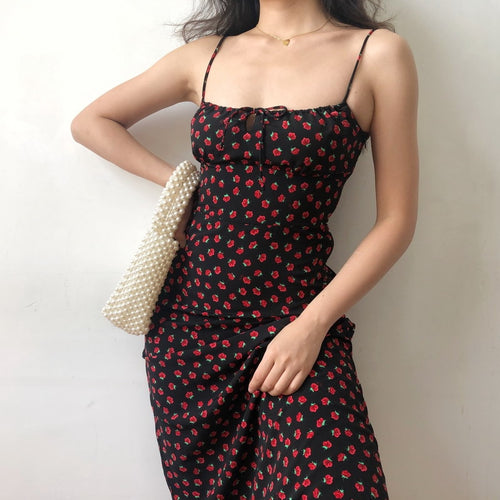 Summer Boho Red Strawberry Floral Print Spaghetti Strap Dress Women Black Elegant Sleeveless Sexy Beach Party Long Dresses 2021