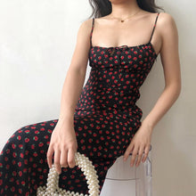 Load image into Gallery viewer, Summer Boho Red Strawberry Floral Print Spaghetti Strap Dress Women Black Elegant Sleeveless Sexy Beach Party Long Dresses 2021