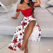 Load image into Gallery viewer, Summer Casaul Skirt Outfits Women Elegant Sexy Off Shoulder Tops And Split Long Dress Suits Fashion Floral Print Two Piece Sets