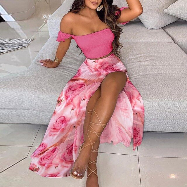 Summer Casaul Skirt Outfits Women Elegant Sexy Off Shoulder Tops And Split Long Dress Suits Fashion Floral Print Two Piece Sets