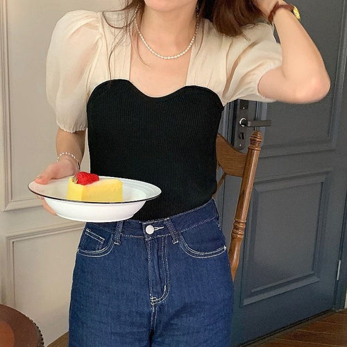 Summer Casual Knitting Blouse Tops for Women French Puff Sleeve Patchwork Sweet Blouse Shirt Slim Beach Outing Kawaii Tops 2021