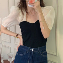 Load image into Gallery viewer, Summer Casual Knitting Blouse Tops for Women French Puff Sleeve Patchwork Sweet Blouse Shirt Slim Beach Outing Kawaii Tops 2021