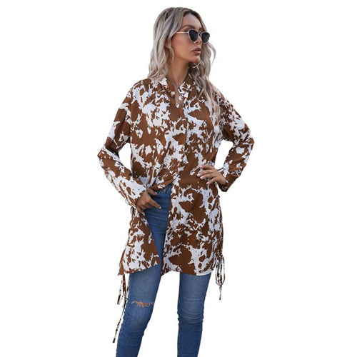 Summer Casual Print Long Shirts Women Spring Fashion New Arrival 2021 Button Loose Long Sleeve Blouse Femme Lace Up Black Shirt