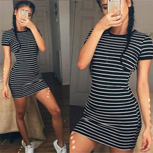 Load image into Gallery viewer, Summer Casual Striped O-neck Short-sleeved Dress Black And White Striped Dresses Casual Elegant Sheath Slim Dress