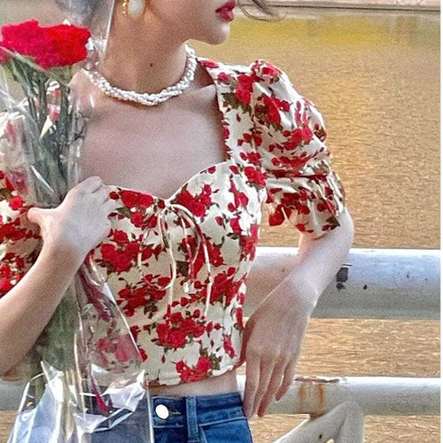 Summer Casual Vintage Floral Blouse Tops for Women Puff Sleeve Sexy Sweet Mini Blouse Chic Party Designer Korean Clothing Boho