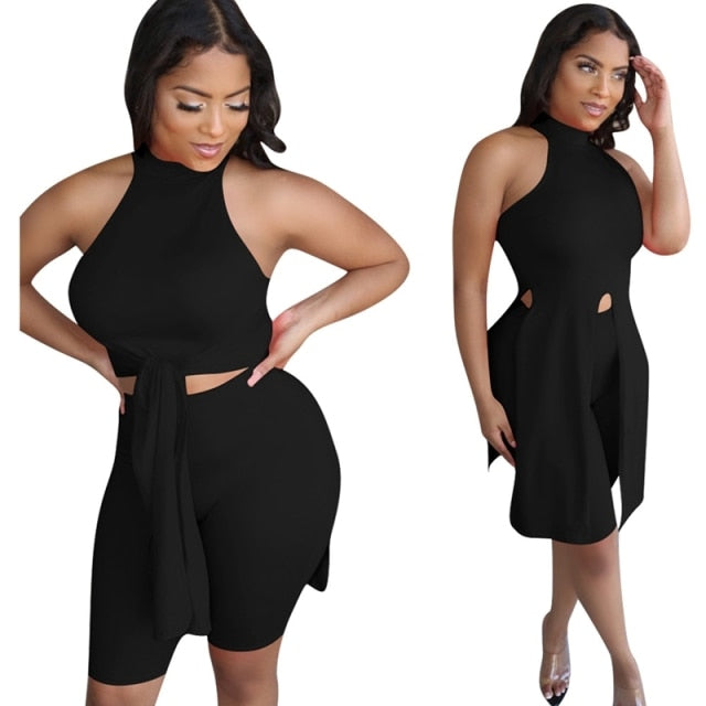 Summer Clothes Two Piece Set Women Sexy Solid Halter Vest-style Dress+shorts Sets Sports Club Outfits Streetwear Wholesale Items
