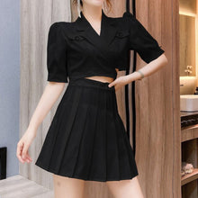 Load image into Gallery viewer, Summer Cross Tie Waist Short Small Suit Jacket + Pleated Skirt Two-piece Sets Office Lady Conjuntos De Vestido Ensembles Femme