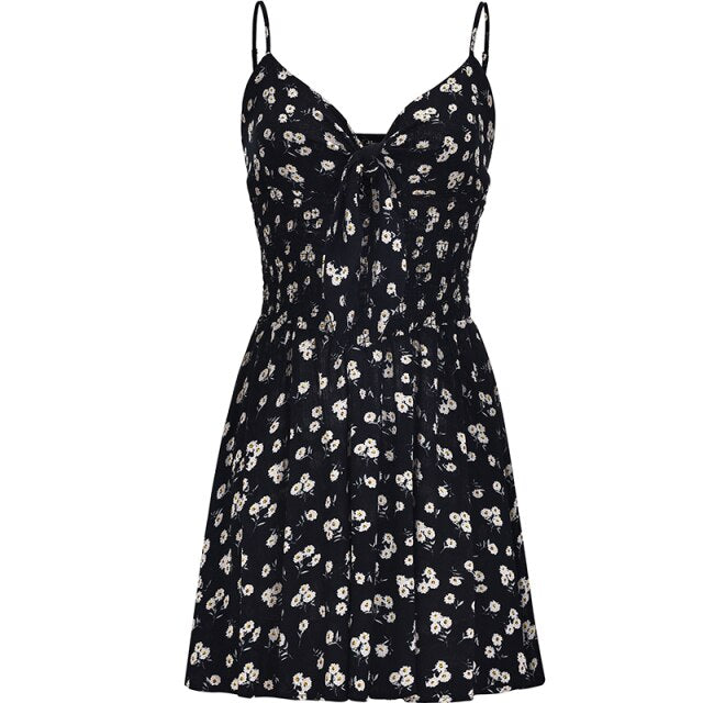 Summer Dress Retro Boho Women Tie Neck Floral Print Floral Mini Sexy Black Dress Elegant Spaghetti Straps Dresses Vestidos 2021