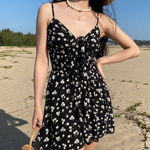Load image into Gallery viewer, Summer Dress Retro Boho Women Tie Neck Floral Print Floral Mini Sexy Black Dress Elegant Spaghetti Straps Dresses Vestidos 2021