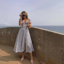 Load image into Gallery viewer, Summer Dress Women Short Puff Sleeve Flroal Printed Ruched Party High Split Long Maxi Dresses Drawstring Sexy Vestidos Sundress