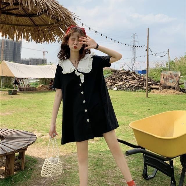 Summer Dress Women Sweet Niche Peter Pan Collar French Elegant Short Sleeve Lace-Up Fairy One Piece Dress Korean 2021 Chic