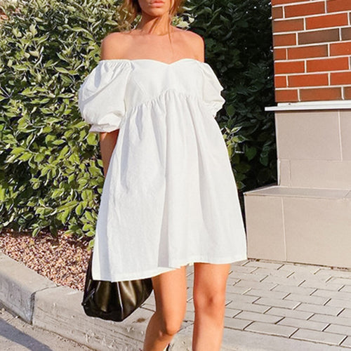 Summer Dresses for Women Sexy Off Shoulder Puff Sleeve Dress High Waist Loose French Romantic Dresses Femme Vestdios Black White