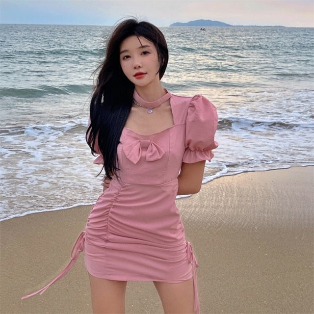Summer Elegant Fairy Dress Women Designer Sweet Puff Sleeve Kawaii Dress Female Chiffon Casual Holiday Party Mini Dress 2021 New